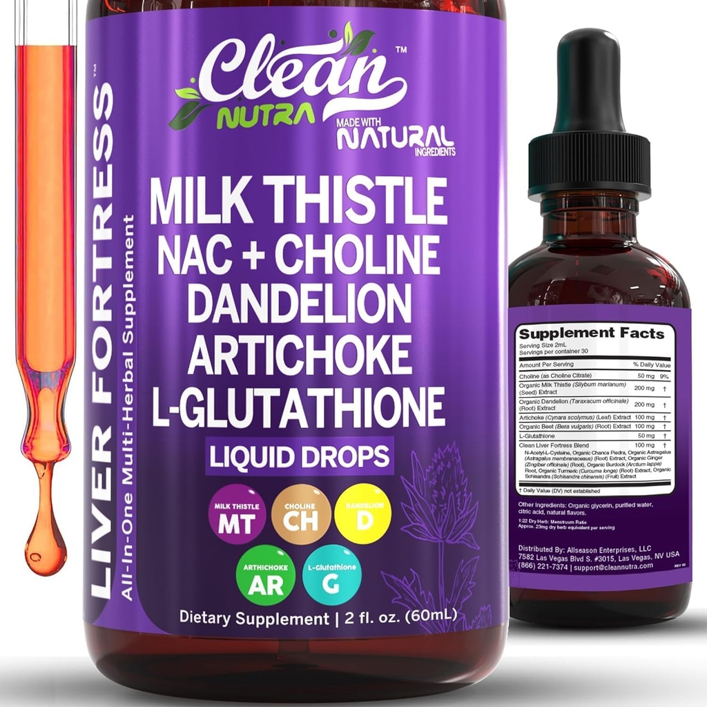 Nettoyer les nutraceutiques Lait Thistle NAC Foie Nettoyez la désintoxication et le supplément de réparation Foie Soutien gouttes liquides avec extrait de dandelion, Artichaut, Chanca Piedra, Choline, L-Glutathion, Burdock, Schisandra