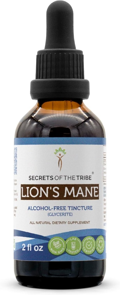 Secrets of the Tribe Lion's Mane Alcohol-Free Tincture Extract, Lion's Mane (Hericium erinaceus) Supplément de teinture de champignons séchés (2 fl oz)
