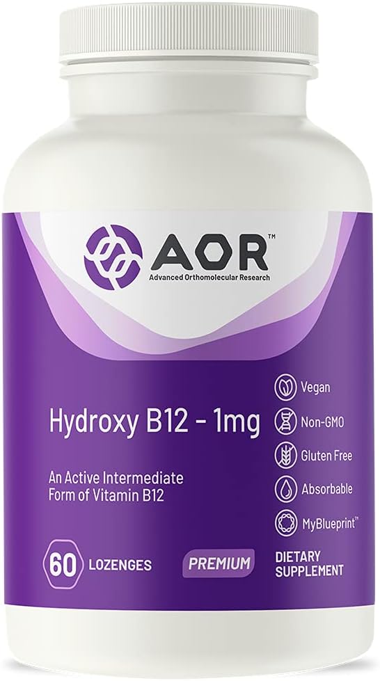 AOR, Hydroxy B12, soutient la santé cardiovasculaire, la fonction nerveuse et la désintoxication, supplément alimentaire, végétalien, 60 portions (60 losanges)
