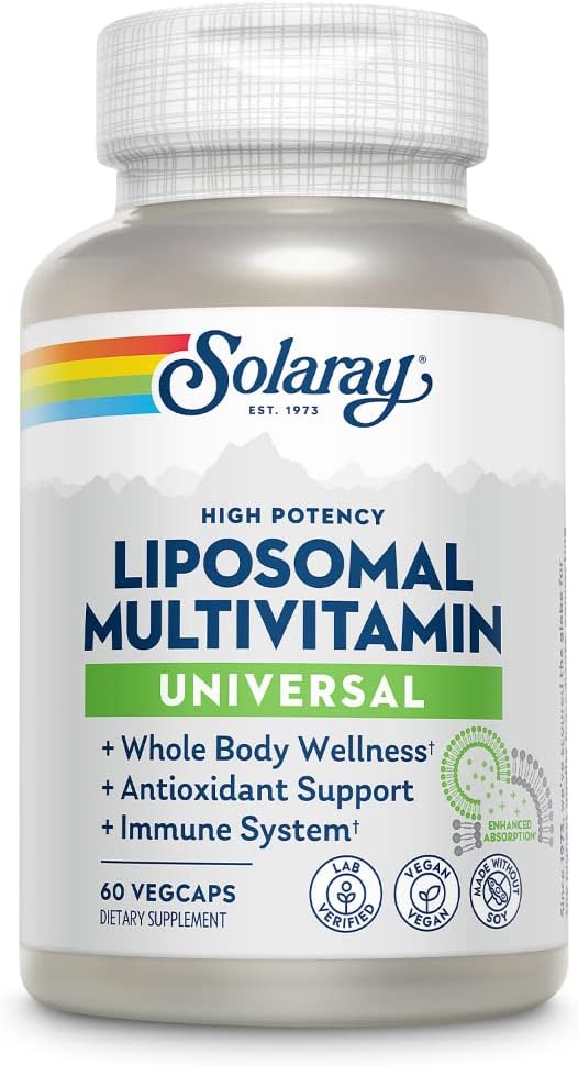 SOLARAY Multivitamine liposomique pour les hommes et les femmes, haute puissance, absorption accrue de vitamine C, vitamine D, biotine, méthyle B-12, odorante neutre et douce digestion, 30 portions, 60 VegCaps