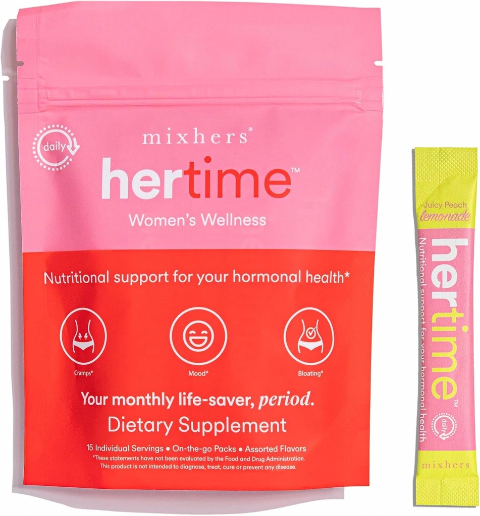 MIXHERS Hertime PMS - Soutient la santé hormonale pour les femmes - Soutient un cycle menstruel sain - avec des minéraux, des racines de pivoine, du ginseng sibérien - Sans sucre - 15 paquets de boissons - Peach Lemonade