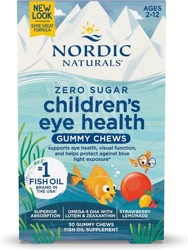 Nordic Naturals Enfants Santé des yeux Gommies, Lémonade aux fraises - 30 Gommies pour enfants - 484 mg Total Oméga-3s DHA, Lutéine et Zeaxanthin - Santé du cerveau, Antioxydants, Non-OGM - 30 portions
