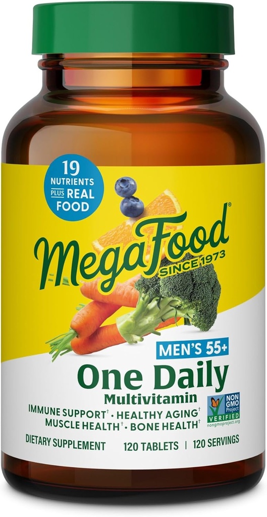 MegaFood Hommes 55+ Un jour - Multivitamine pour les hommes avec vitamine B12, C, D & Zinc - Supplément optimal de vieillissement et de soutien immunitaire - Végétarien - Fait sans 9 allergènes alimentaires - 120 onglets