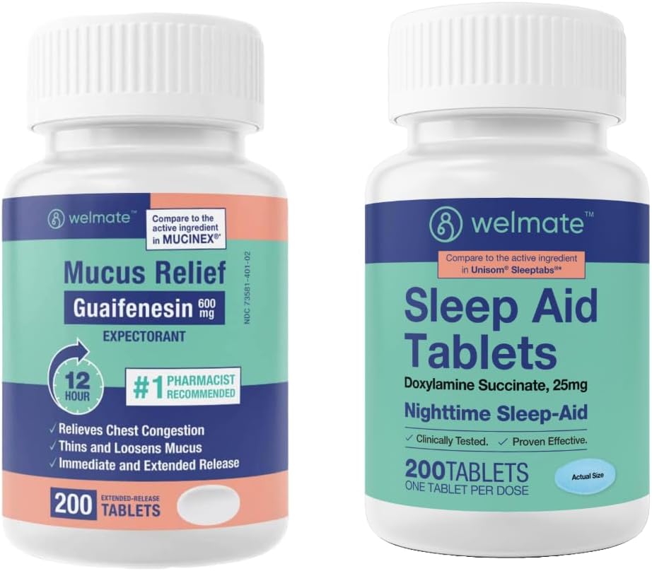 WELMATE Nighttime Wellness Bundle: Mucus Relief Guaifenesin 600mg Mucus Relief (200 Ct) & Doxylamine Succinate 25mg Aide au sommeil (200 Ct)