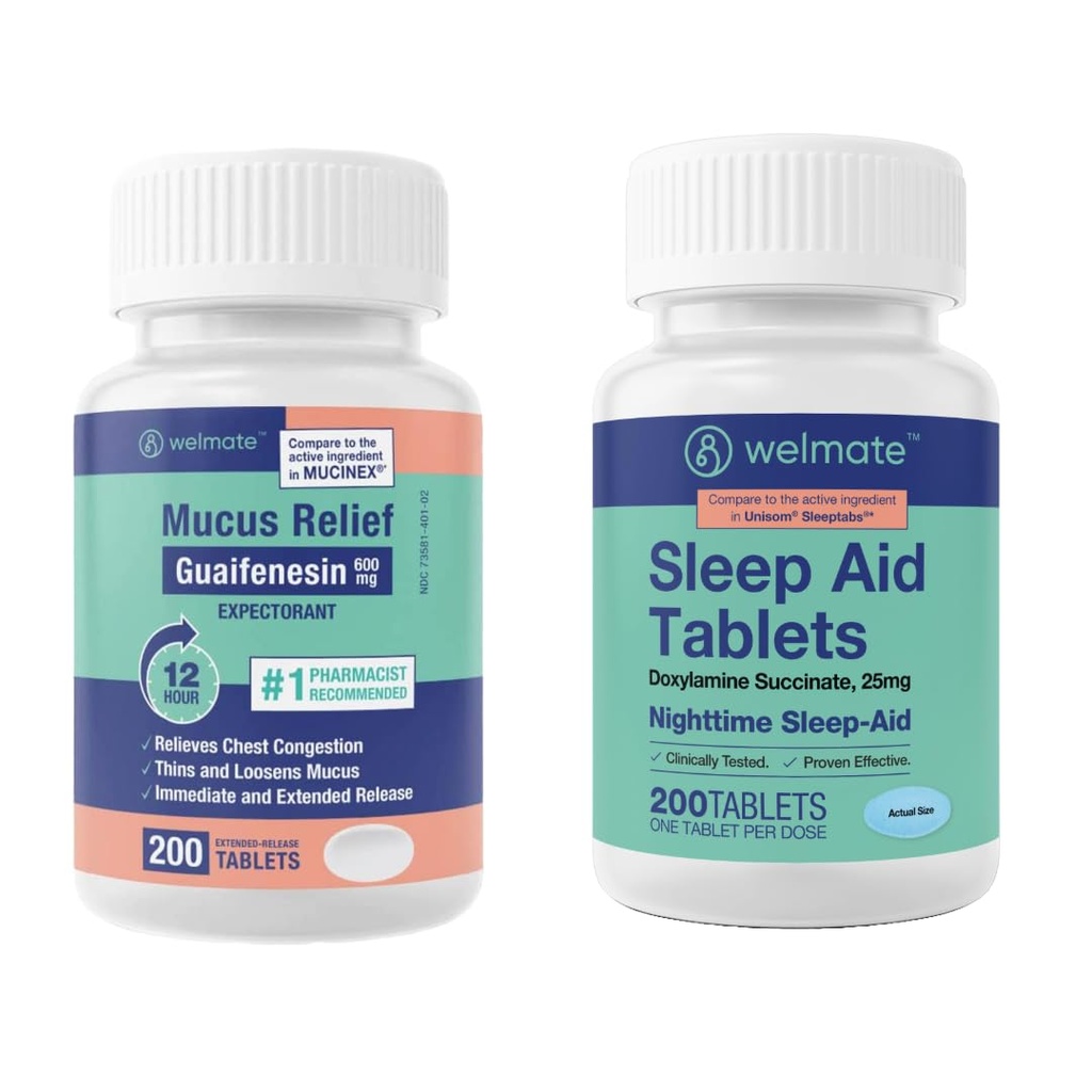 WELMATE Nighttime Wellness Bundle: Mucus Relief Guaifenesin 600mg Mucus Relief (200 Ct) & Doxylamine Succinate 25mg Aide au sommeil (200 Ct)