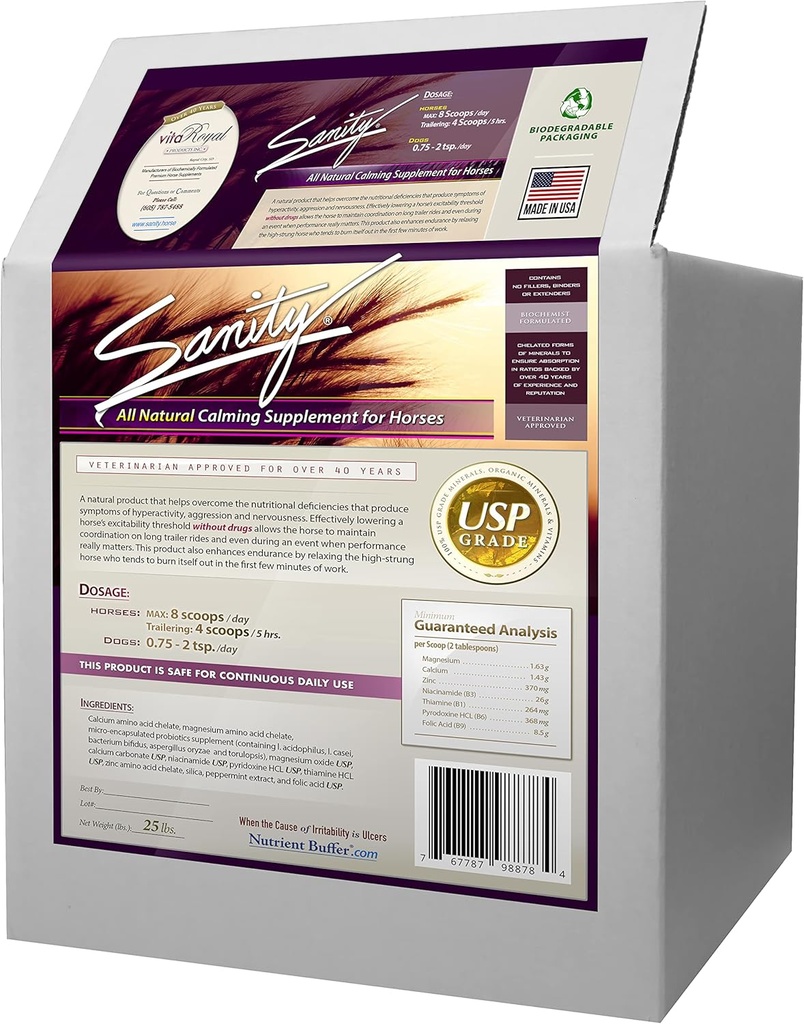 Sanité - Supplément de focale apaisant le comportement des chevaux - Magnésium, Calcium, Zinc, Vitamines B, Acides aminés, Probiotiques, Thiamine, Acide folique, Niacine, Menthe poivrée et plus