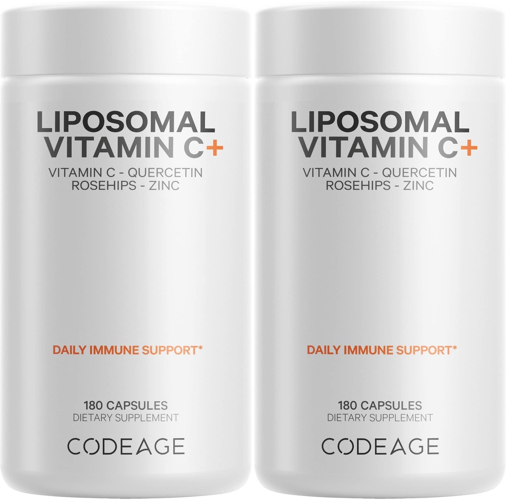 Codeage Vitamine liposomique C 1500mg avec Zinc, Elderberry, Citrus Bioflavonoïdes Pamplemousse, Citron, Poudre d'orange, Quercetin et Rose HIPS Fruit – Supplément végétalien - Non-OGM, Pills végétaliens - 2 Pack