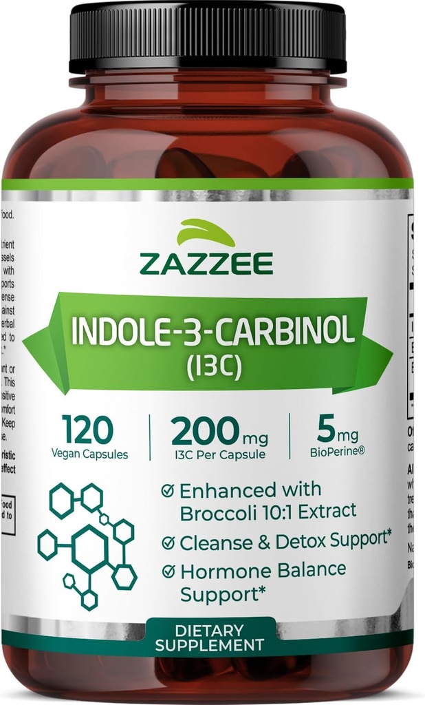 Zazzee High Absorption Indole-3-Carbinol (I3C), 200 mg par gélule, 120 capsules véganes, 4 mois d'approvisionnement, 5 mg BioPerine pour l'absorption améliorée, 100% végétarien, tout naturel et non-OGM