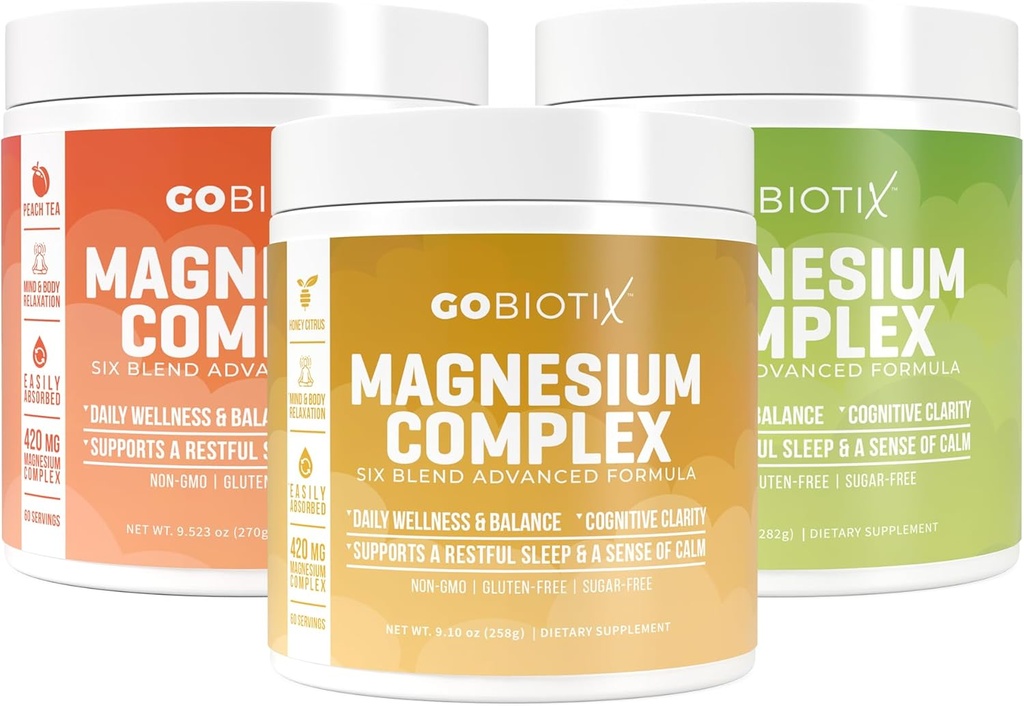 GoBiotix Magnésium complexe en poudre Trio - 420mg, 60 portions - agrumes de miel, citron Lime, thé de pêche