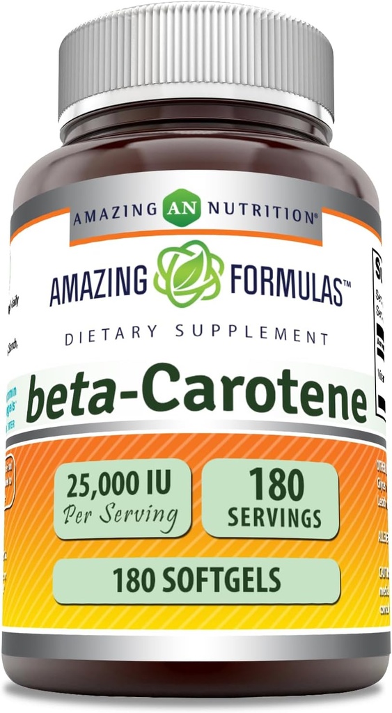 Formules étonnantes Supplément Beta-Carotène $ 25000 UI par service $ 180 Softgels $ Non-GMO $ Sans gluten $ Fabriqué aux États-Unis