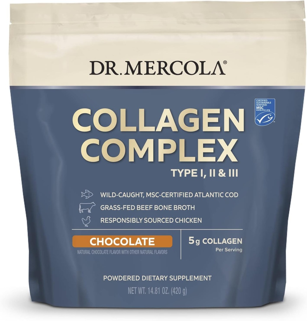 Dr. Mercola Collagen complexe poudre - supporte l'élasticité de la peau et la fonction articulaire - Collagène multi-sources types I II III - 10.89 oz (30 portions) - chocolat