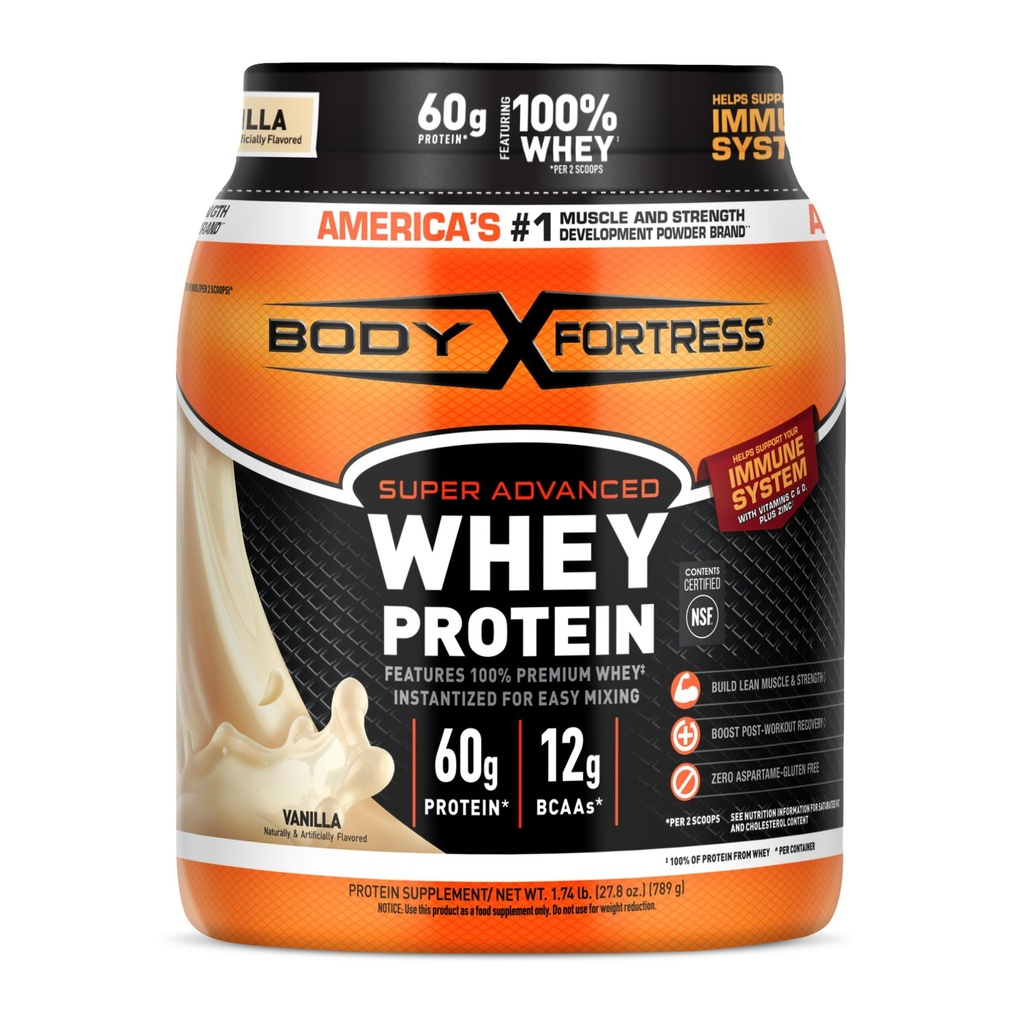 Body Fortress Super Advanced Whey Protein Powder, Vanille, Immune Support (1), Vitamines C & D Plus Zinc, 1,74 lbs