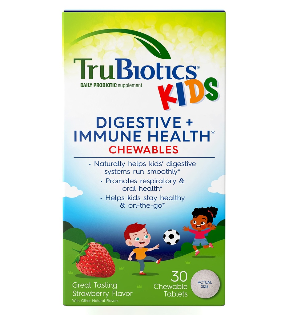 TruBiotics Probiotiques pour les enfants Soutien de la santé digestive et immunitaire, les enfants à croquer sans sucre probiotique pour aider à maintenir un ventre en santé, le goût naturel de fraise, 30 comprimés