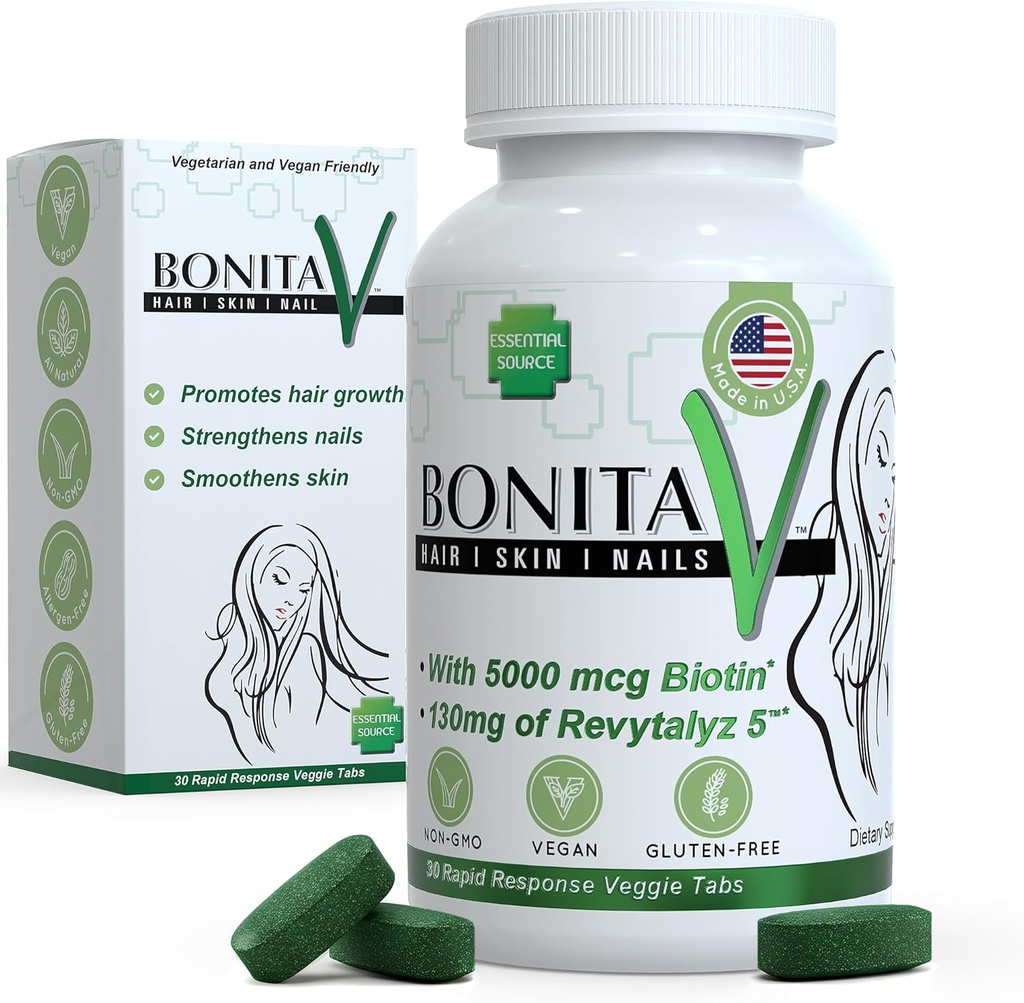 Source essentielle Biotine (Biotina Vitamines) - Huiles de peau pour cheveux Vitamines pour les femmes et les hommes - 5000 mcg - Suppléments de soutien de la croissance des cheveux - 30 comprimés - avec Revytalyz 5, Vitamine A, C, B12 - Fabriqué aux États-Unis