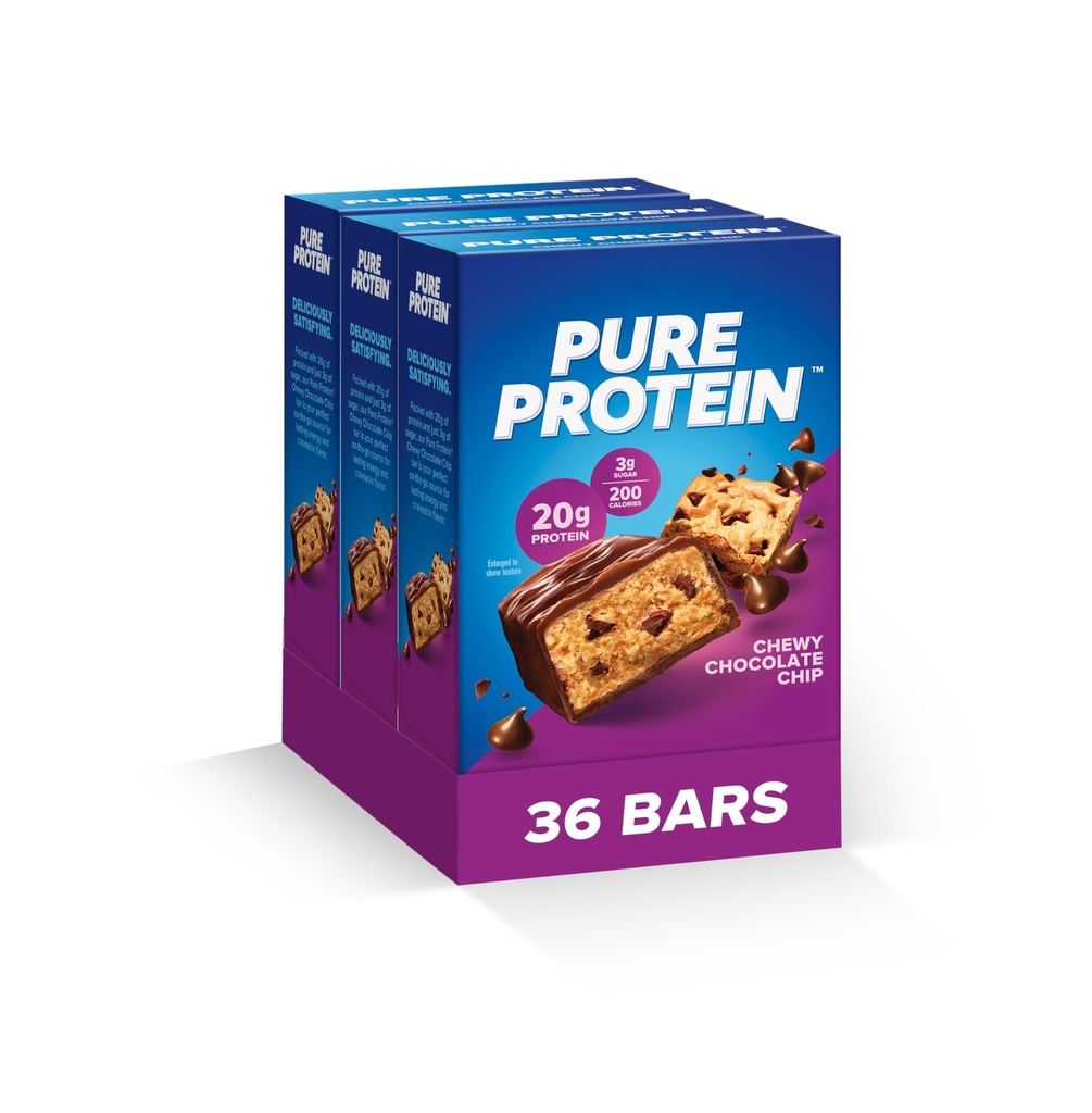 Barres de protéines pures, haute protéine, collations nutritives pour soutenir l'énergie, faible sucre, sans gluten, croustilles de chocolat à croquer, paquet de 36