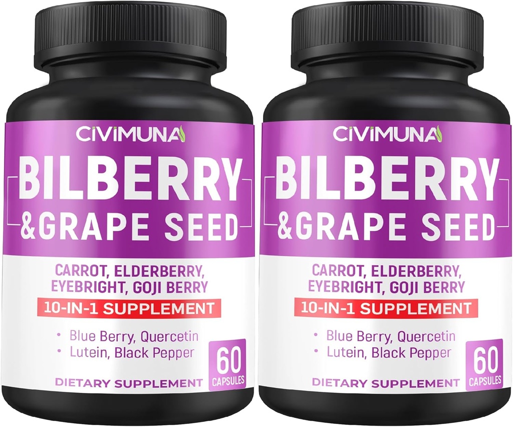 Capsules de Bilberry avec Bilberry, Graines de raisin, Carotte, Elderberry et plus - 120 Capsules pour 4 mois d'approvisionnement (paquet de 2)