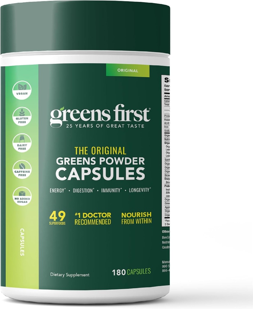 Greens First PRO Phytonutriments Capsules - 30 portions - 54 Superaliments, fruits et légumes biologiques antioxydants - Prébiotiques, probiotiques et enzymes digestives - Produits laitiers et sans blé, non-OGM - 180 capsules