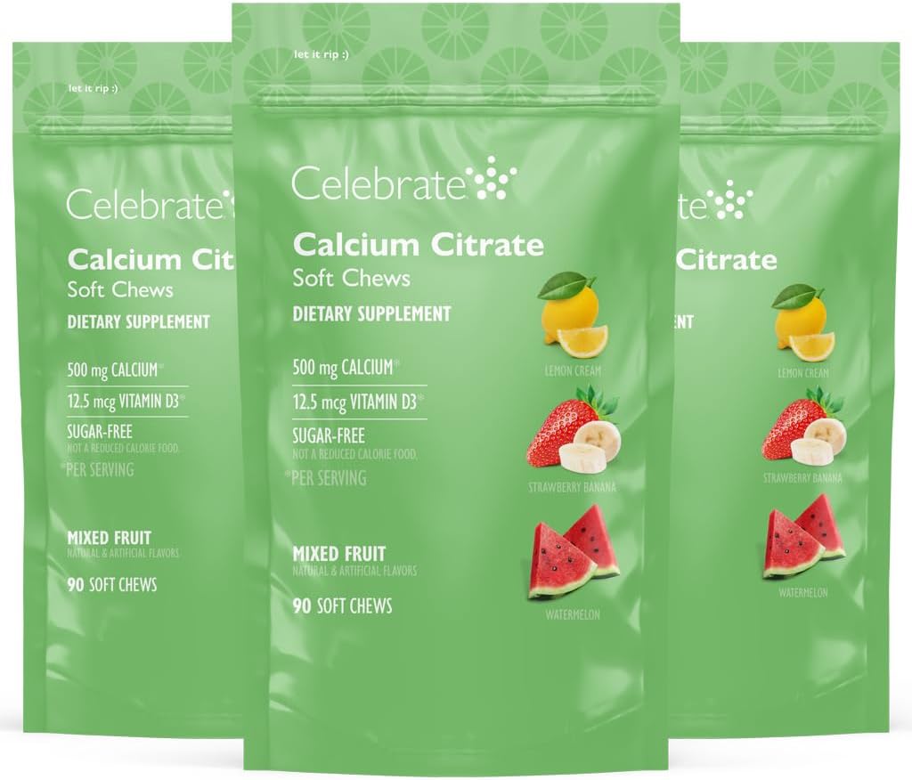 Célébrez les vitamines Bariatric 500mg Citrate de calcium Chews doux avec 500 UI de vitamine D3 – Essentiel pour les patients de passage gastrique et santé des os - sans sucre et sans gluten, fruits (270 Chews)