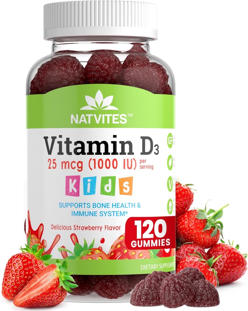Vitamine D3 Gommies pour enfants - Vitamine D 1000 UI Pectine Gommy - Aromatisé aux fraises - Supplément de soutien aux os et aux immunones - Sans OGM, sans gluten, sans végétalien, sans noix et sans lait - 120 Nombre (paquet de 1)