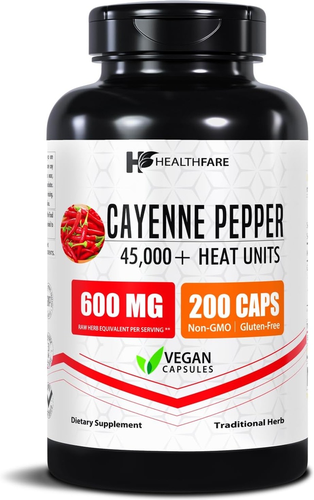 HealthFare Cayenne Capsules de poivre 600mg , 200 pilules véganes , 45,000 unités de chaleur (HU) , Circulation cardiovasculaire et support digestif , Extrait d'herbe à haute puissance , Non-OGM , sans gluten , Fabriqué aux États-Unis
