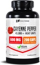 HealthFare Cayenne Capsules de poivre 600mg , 200 pilules véganes , 45,000 unités de chaleur (HU) , Circulation cardiovasculaire et support digestif , Extrait d'herbe à haute puissance , Non-OGM , sans gluten , Fabriqué aux États-Unis
