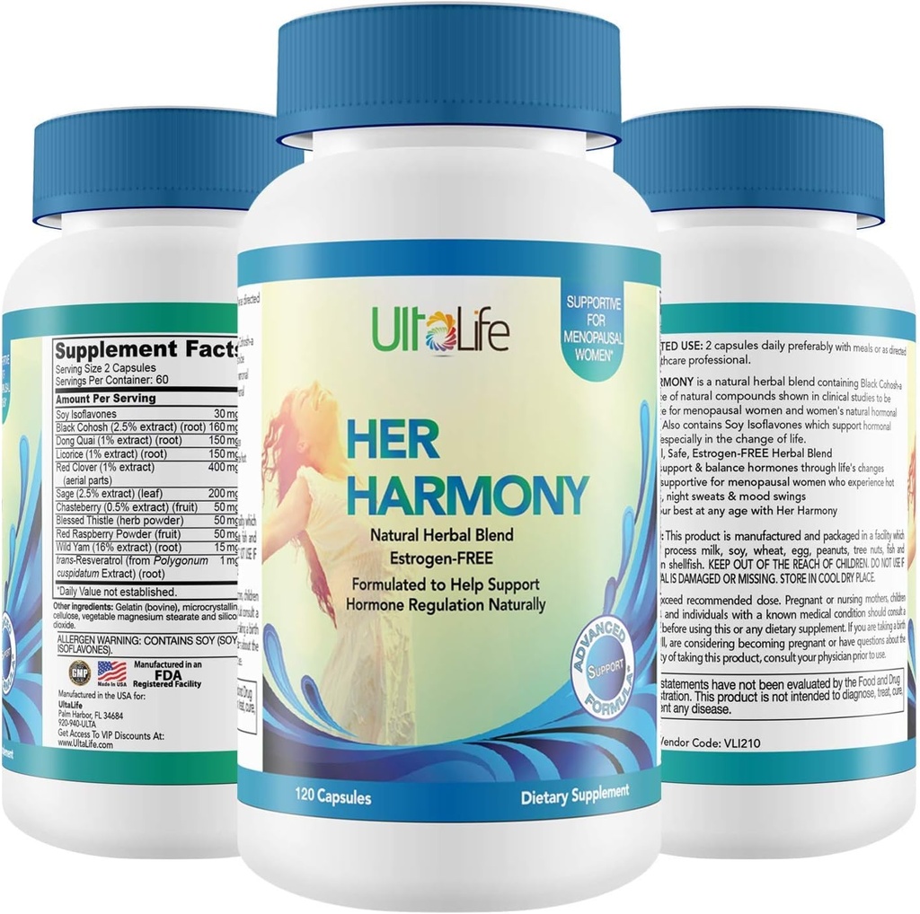 UltaLife Her Harmony Menopause Supplements for Women - Hot Flashes Menopause Relief & Hormone Balance for Women - Contains Black Cohosh, Dong Quai, Red Clover & More - Estrogen Free - 120 Capsules