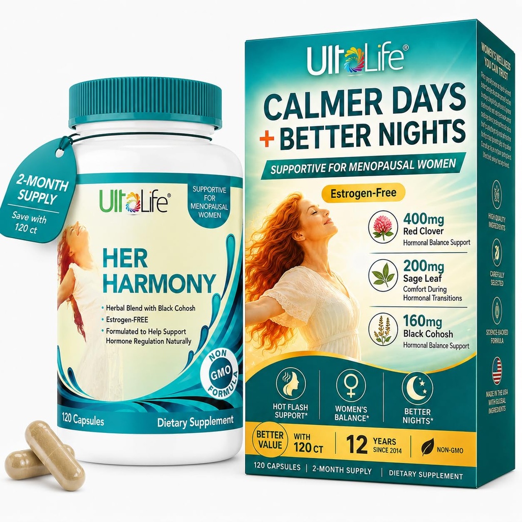 UltaLife Son Harmony Ménopause Suppléments pour les femmes - Flashs chauds Ménopause Relief & Hormone Balance pour les femmes - Contient Black Cohosh, Dong Quai, Red Clover & More - Estrogen Free - 120 Capsules