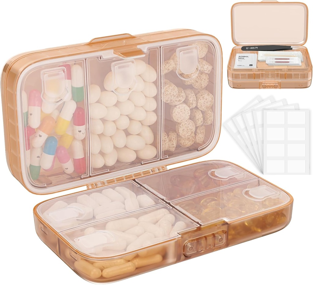 FYY Weekly Pill Organizer with labels,8 Compartiments Travel Daily Pill Case Etanche à l'humidité Grande boîte à pilules pour tenir les vitamines, huile de poisson, suppléments, swab de coton et bandages-Brown