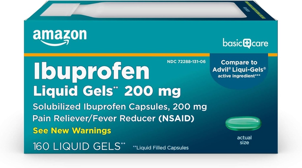 Soins de base Ibuprofène Gels liquides 200 mg, analgésique/réducteur de fièvre Capsules remplies de liquide, Pour les maux de tête, les dents, les maux de dos, les crampes menstruelles et plus, 160 Compte
