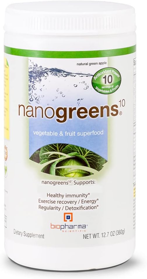 Biopharma Scientific NanoGreens: Greens Superfood Fruits & Légumes Poudre pour la santé digestive et l'immunité avec Spiruline, Chlorella, Kale, Épinards, à base végétale, Saveur de pomme verte, 30 portions