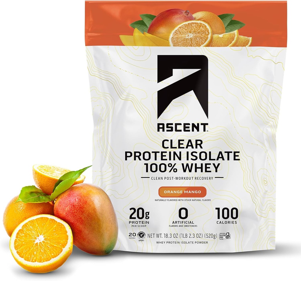 Ascence 100% de poudre de protéines de lactosérum clair - Après l'entraînement, Zéro arômes artificiels et édulcorants, sans gluten, 5,5g BCAA, 2,1g Leucine, acides aminés essentiels, mangue orange, 20 portions