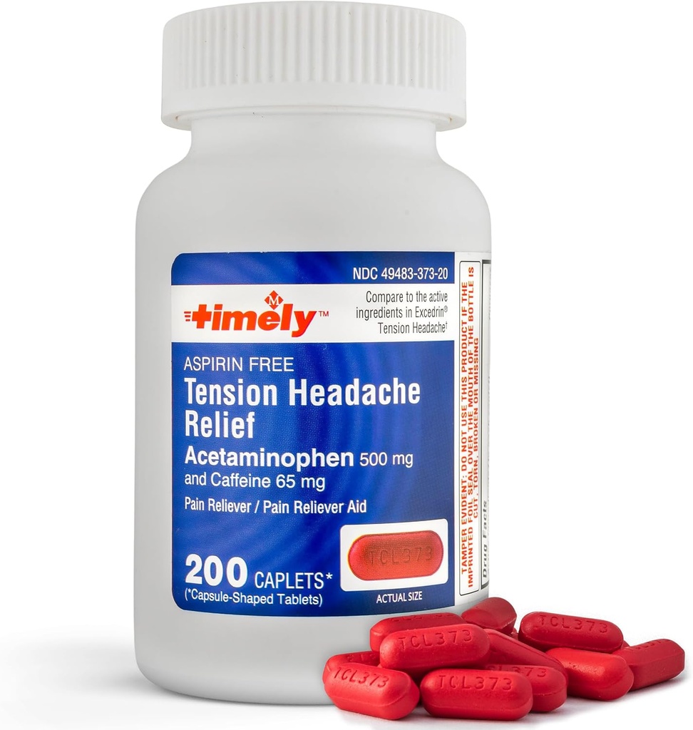 Timely - 200 Caplets - Mal de tête de tension et soulagement de la douleur avec l'acétaminophène 500 mg et la caféine 65 mg de force supplémentaire pour la tête, le cou, l'épaule et le corps analgésique, sans aspirine - Fabriqué aux États-Unis