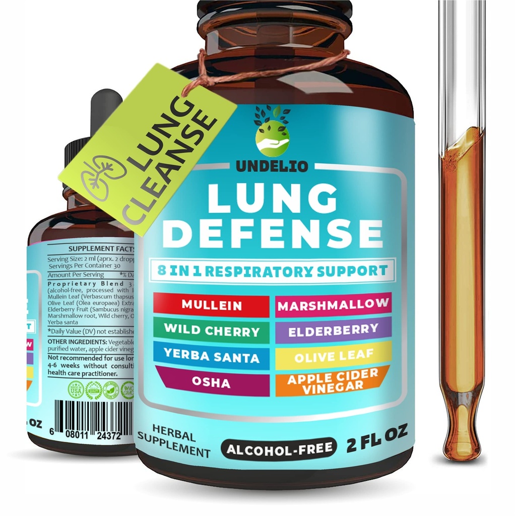 Extrait d'herbe de défense pulmonaire de 8 en 1 (Mullein-Marshmallow-OSHA-Wild Cherry-Elderberry-Yerba Santa-Olive Leaf-ACV) Nettoyage pulmonaire, respiratoire et système immunitaire. Supplément liquide 2 OZ
