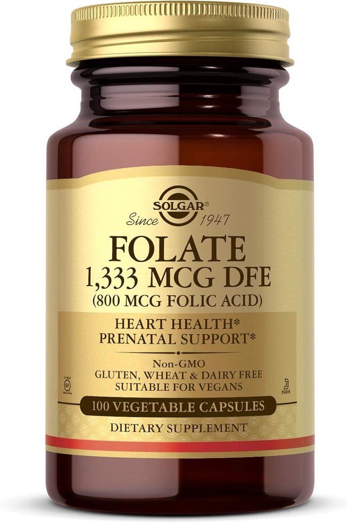 Solgar Folate 1,333 mcg Équivalent diététique folate (acide folique 800 mcg), 100 capsules végétales - Santé cardiaque, système nerveux sain, soutien prénatal - non-OGM, végétalien, sans gluten - 100 portions