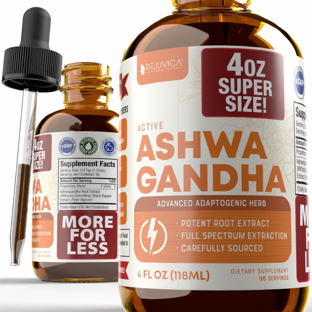 Rejuvica Santé Active Ashwagandha 4oz XL Super Size - Avancé supplément liquide Teinture - Withania Somnifera Extract Drops - Ashwagandha Roots Only - naturellement se produisant Withanolides