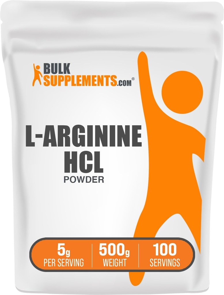 BulkSupplements.com Poudre de HCl L-Arginine - Supplément d'oxyde nitrique, poudre d'arginine - Sans aromatisé et sans gluten, 5g par portion, 500g (1,1 lb) (paquet de 1)