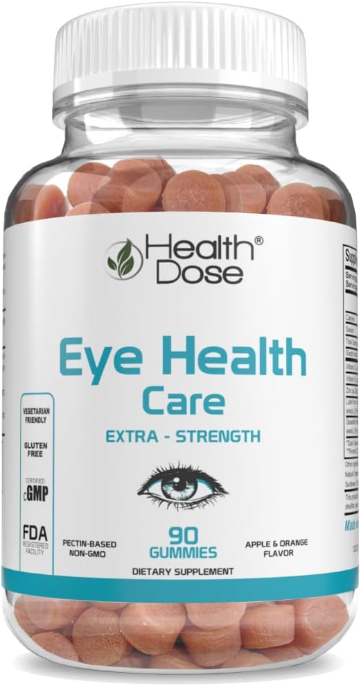 Soins de santé pour les yeux Dose santé Vitamines avec Lutéine Zeaxanthin Support Eye Strain, Yeux secs et Performance visuelle Apple & Orange Flavor 90 Gummies.