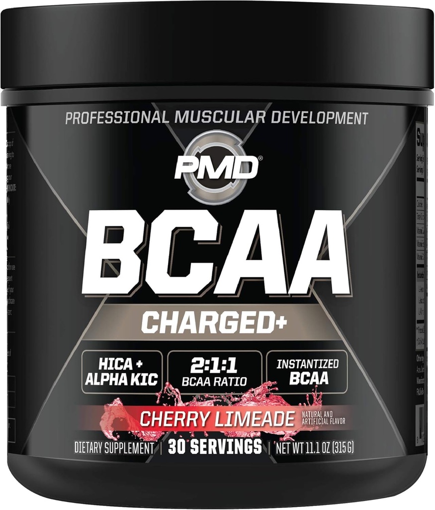 PMD Sports BCAA Charged Delicious Amino Acid Drink Mix pour la performance, la récupération, l'endurance et l'hydratation - Augmenter la fonction musculaire pour l'entraînement et l'énergie quotidienne – Cherry Limeade (30 portions)