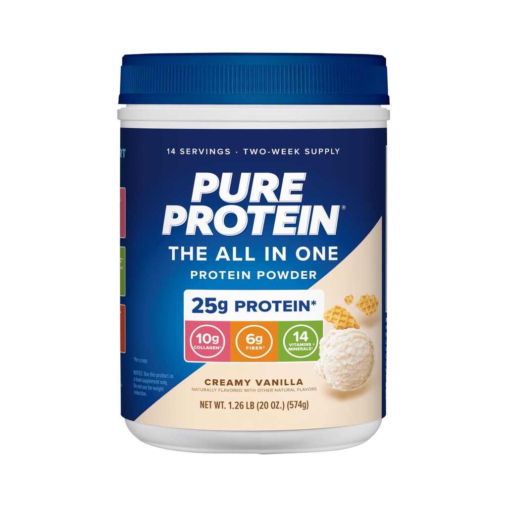 Pure Protéines poudre tout-en-un, Vanille - Whey & Collagène, Haute Fibre, Vitamines, Pas de sucre ajouté, Non-OGM, Sans gluten, 1,25lb