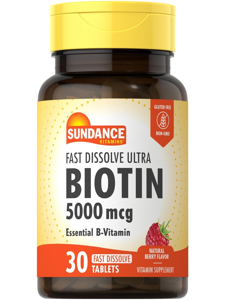 Sundance Dissolve rapide Biotine 5000mcg , 30 comprimés , B-vitamine essentielle , B-Vitamine , Flaveur de baie naturelle , Végétarien , non-OGM , et supplément sans gluten
