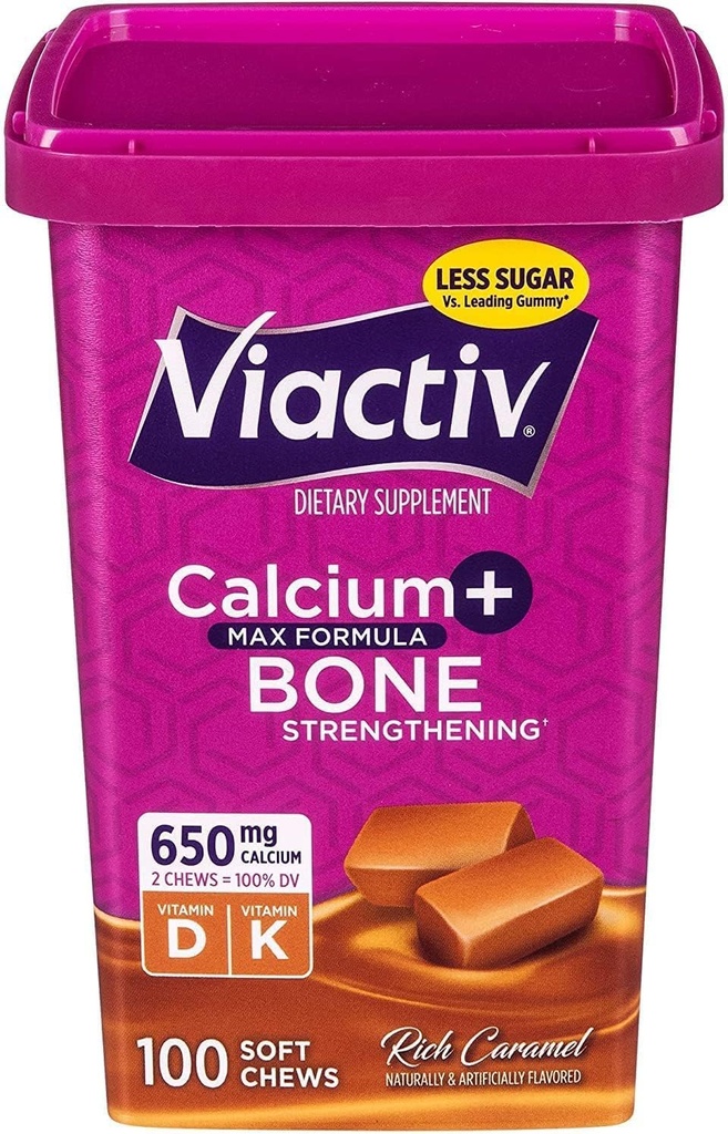 Viactiv Max Formule Calcium + Vitamine D3 Supplément pour la santé osseuse, Rich Caramel, 100 Chews Soft
