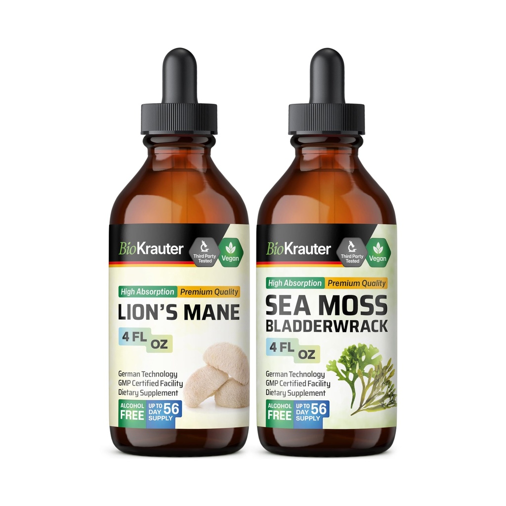 BIO KRAUTTER Lion's Mane Tincture 4 Fl. Oz. & Sea Moss Tincture 4 Fl. Oz.