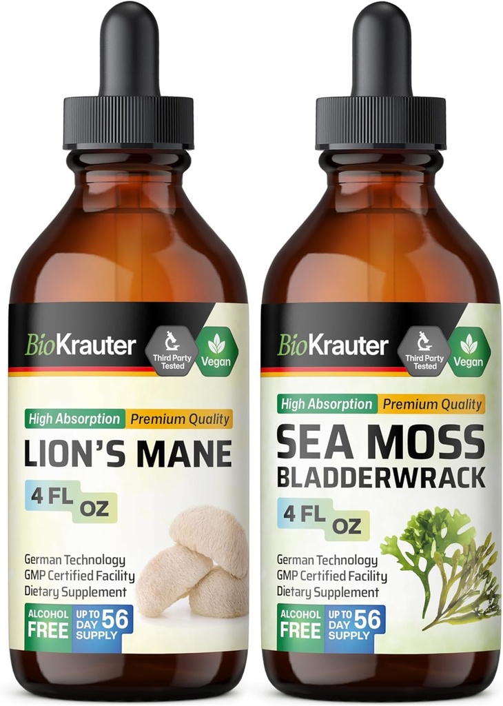 BIO KRAUTTER Lion's Mane Tincture 4 Fl. Oz. & Sea Moss Tincture 4 Fl. Oz.