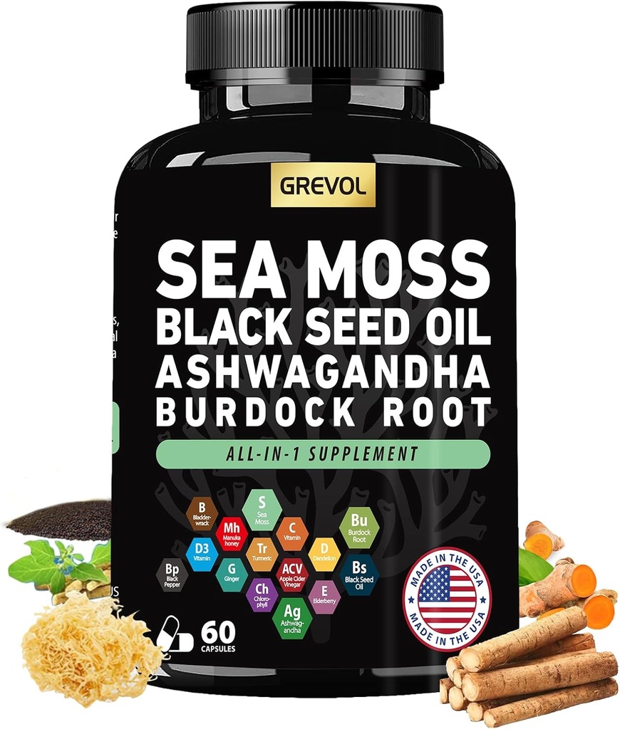 Mousse de mer Huile de graines noires Ashwagandha Bladderwrack Root Turcuma et vitamine C D3 Piment noir de la mûre aînée - Supplément multiminéral - 60 Compte