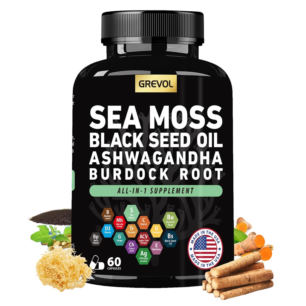 Sea Moss Black Seed Oil Ashwagandha Bladderwrack Burdock Root Turmeric & Vitamin C D3 Elderberry ACV Black Pepper - Multimineral Supplement - 60 Count