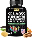 Mousse de mer Huile de graines noires Ashwagandha Bladderwrack Root Turcuma et vitamine C D3 Piment noir de la mûre aînée - Supplément multiminéral - 60 Compte
