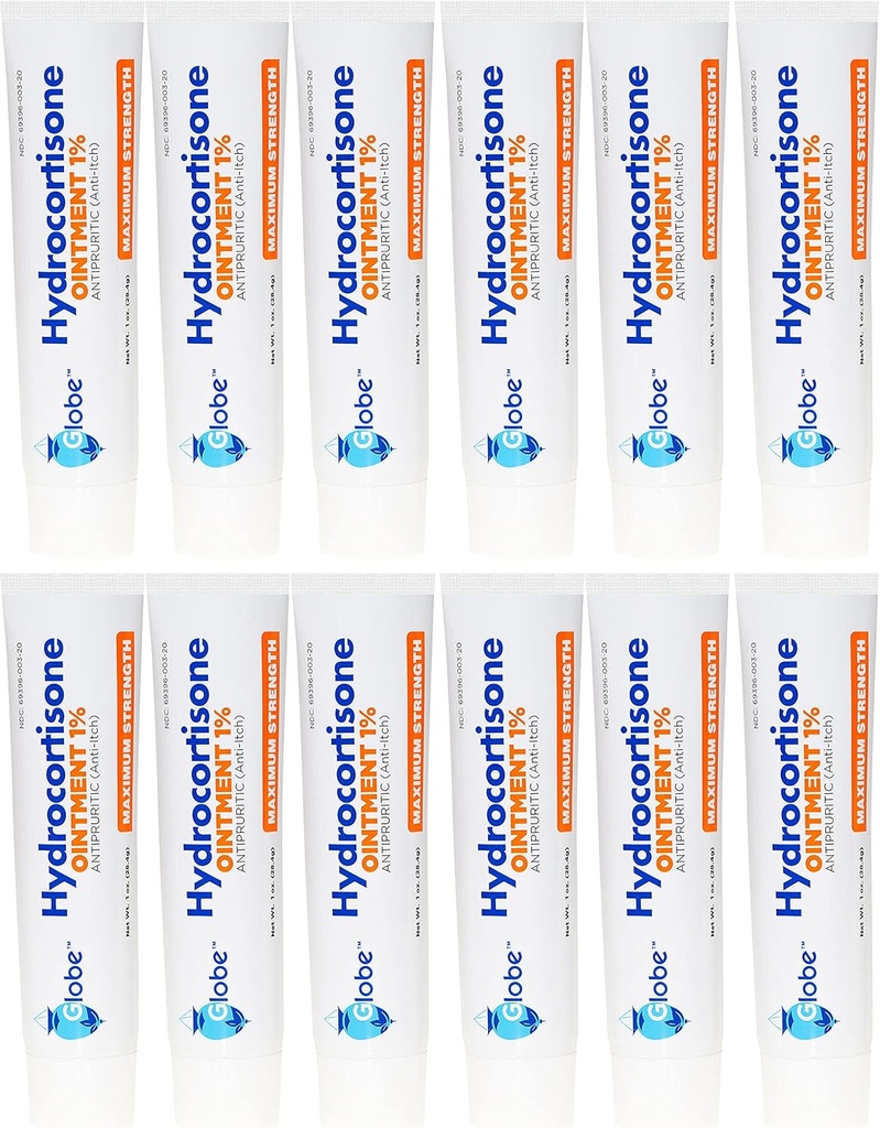 Globe Hydrocortisone 1 % de la force maximale Onguent transparent 1 oz. Onguent anti-Itch pour rougeur, gonflement, démangeaison, rash, dermatite, Bug/Mosquito Bites, Eczéma, Hémorroïdes et plus (12 Pack)