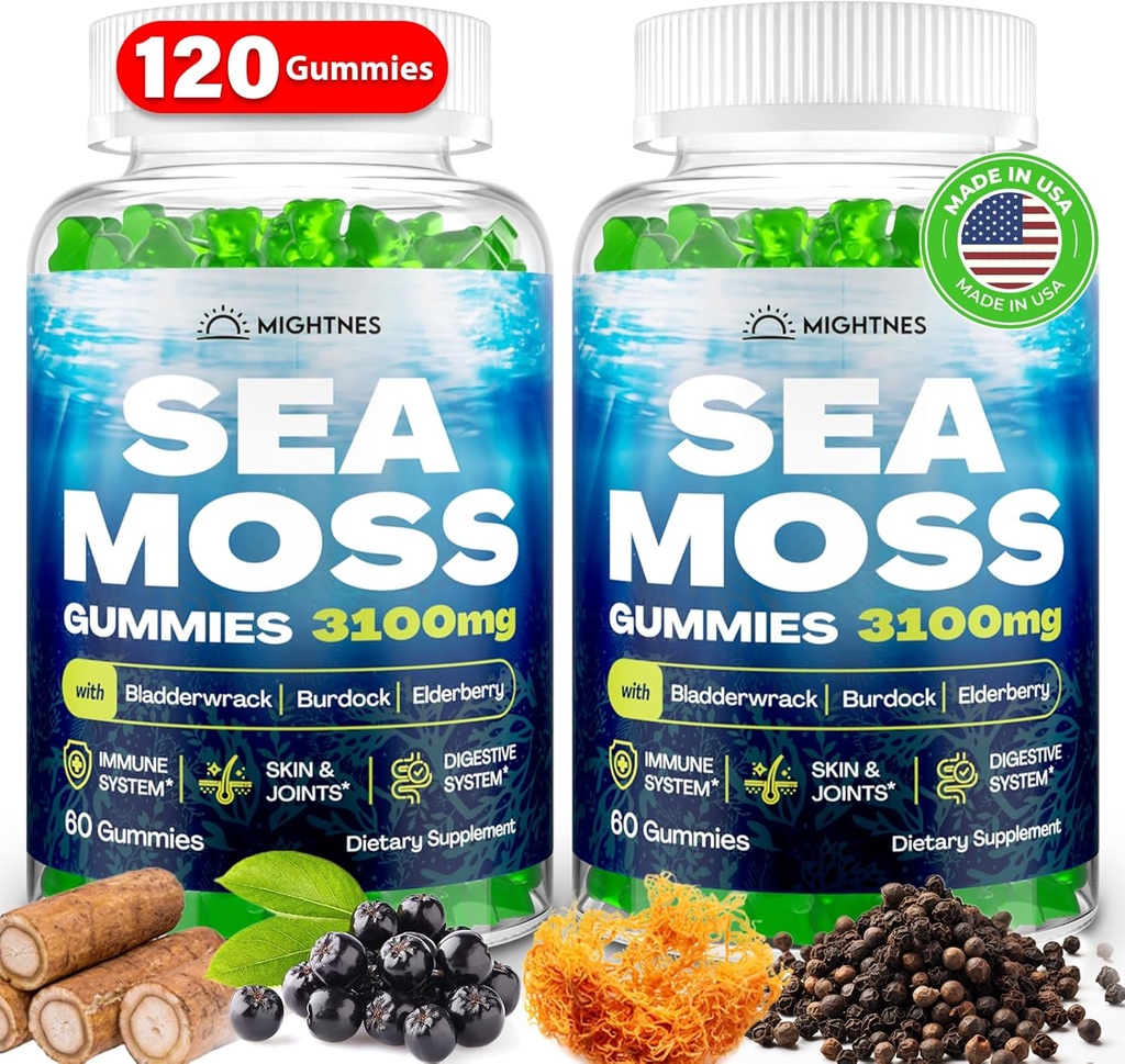 Gummées de mousse de mer, 3100mg Gummées de mousse de mer pour les femmes et les hommes avec bladderwrack, root de lard, vitamine C de la mûre aînée et zinc pour le nettoyage de détox, Immune, peau, digestif, biologique, 120Ct