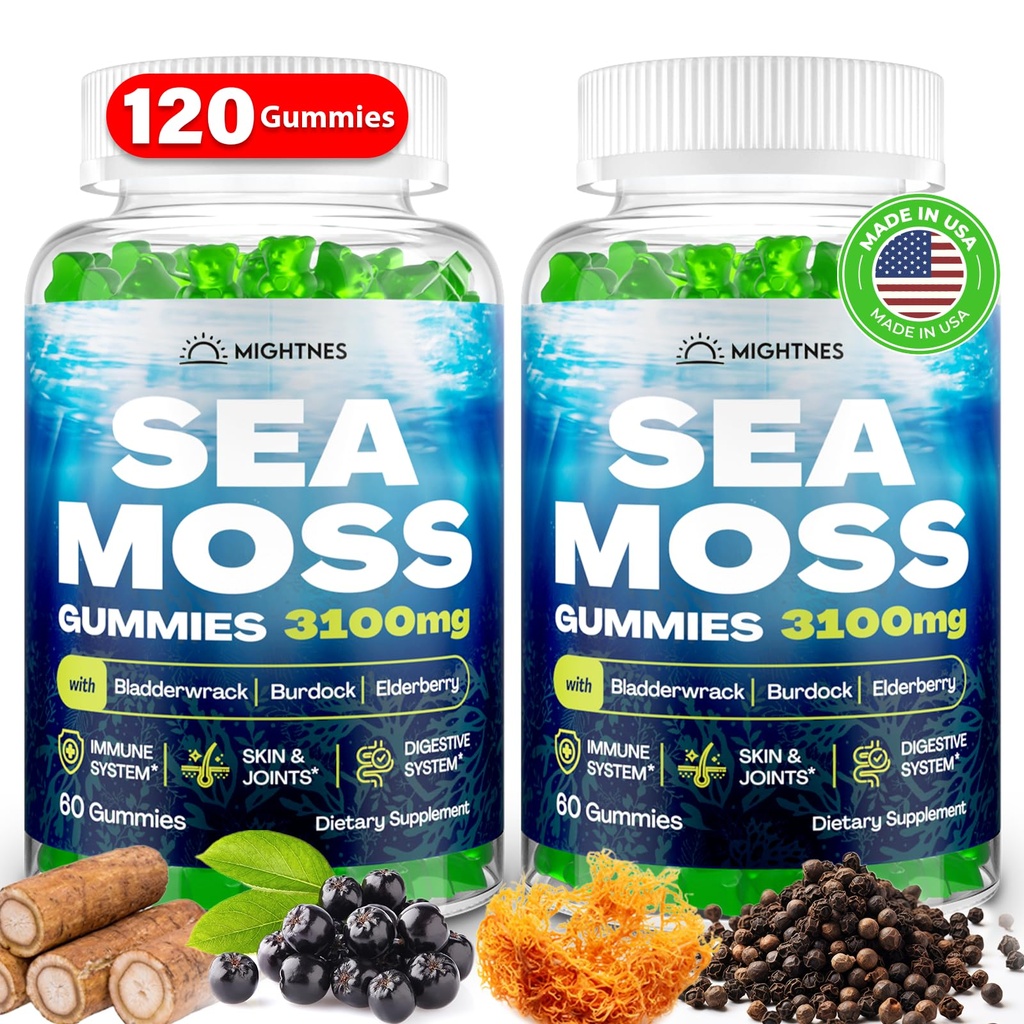 Sea Moss Gummies, 3100mg Irish True Sea Moss Seamoss Gummies for Women & Men with Bladderwrack, Burdock Root, Elderberry Vitamin C and Zinc for Detox Cleanse, Immune, Skin, Digestive, Organic, 120Ct