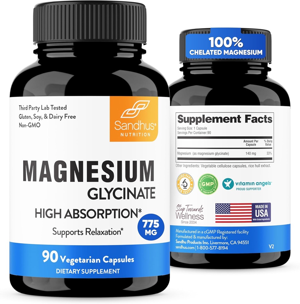 Sandhu's Superior Absorption Magnésium Glycinate 775mg.140mg Elemental Magnésium Capsules.90 Compte, 90 jours d'approvisionnement.